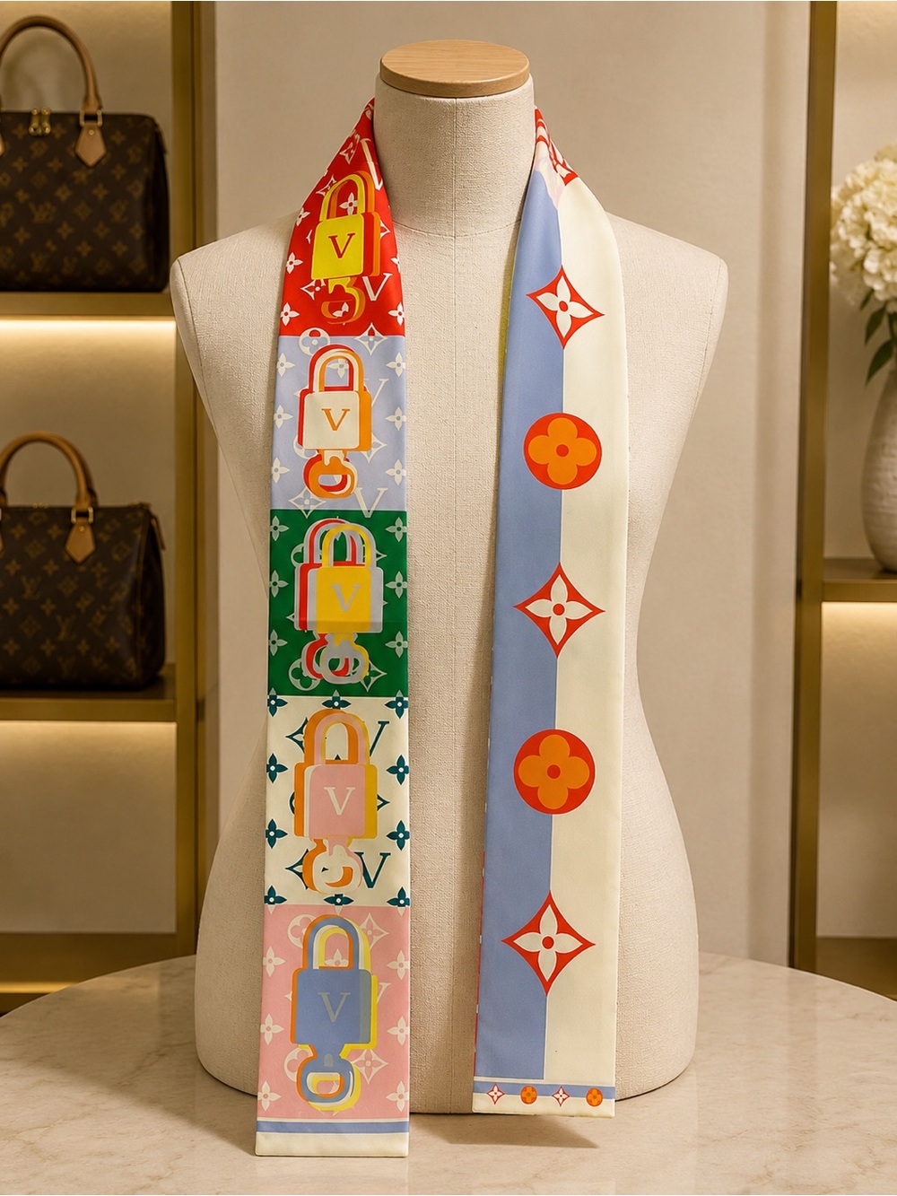 Fashion double sided monogram 100% silk bag/ neck or hair scarf